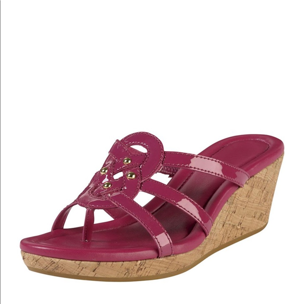 Shayla Patent Thong Wedge Sandal, Raspberry NEW
